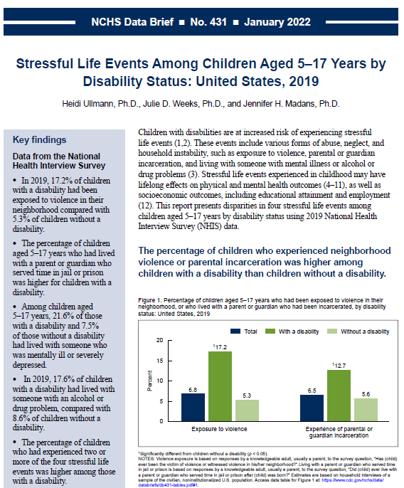 Screen grab of the report: Stressful Life Events Among Children Aged 5&ndash;17 Years by Disability Status: United States, 2019