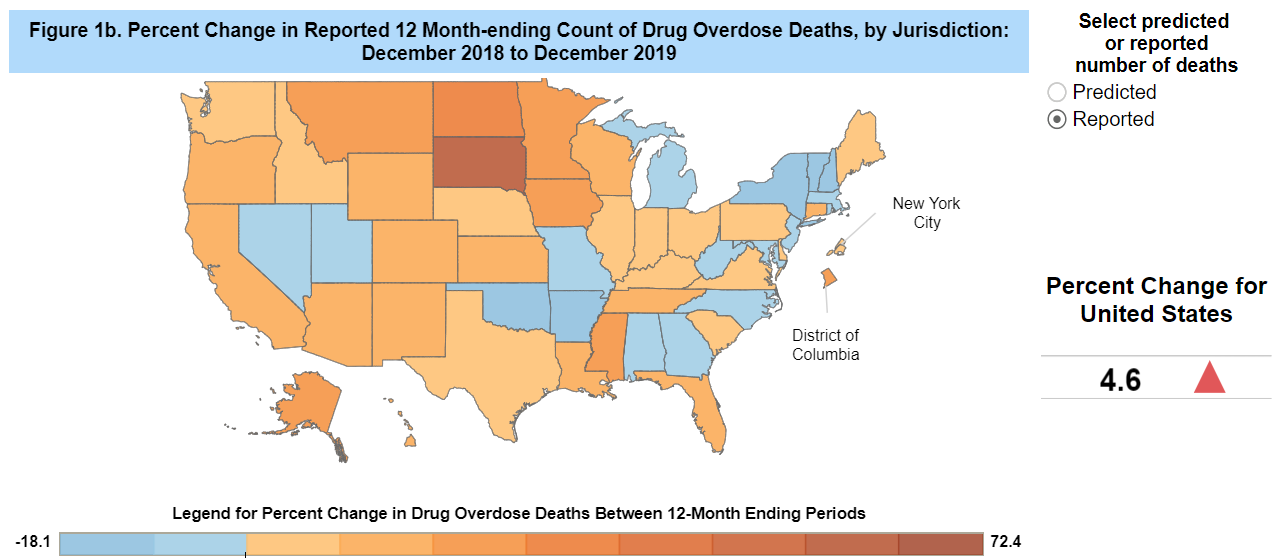 Map displaying Percent Change in Predicted 12 Month-ending Count of Drug Overdose Deaths: December 2018 to December 2019