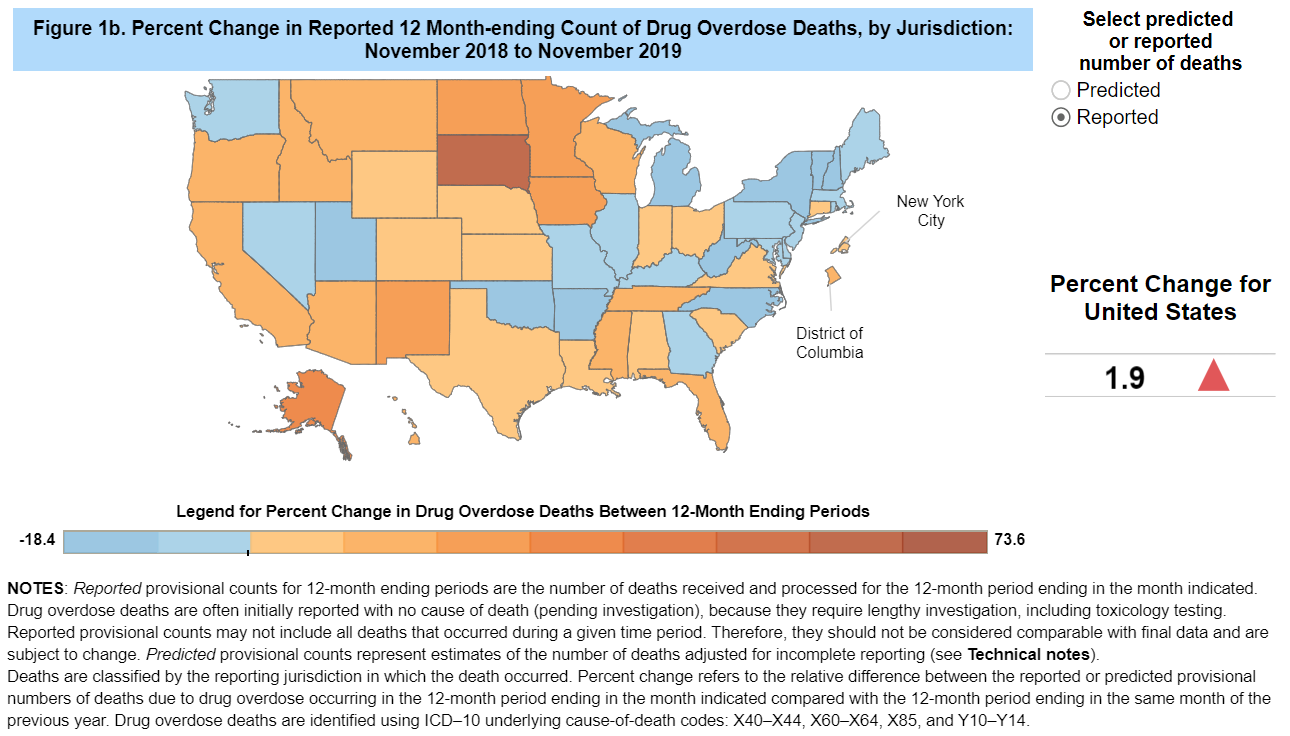 Map of US showing Provisional Drug Overdose Death Counts (thru November 2019)