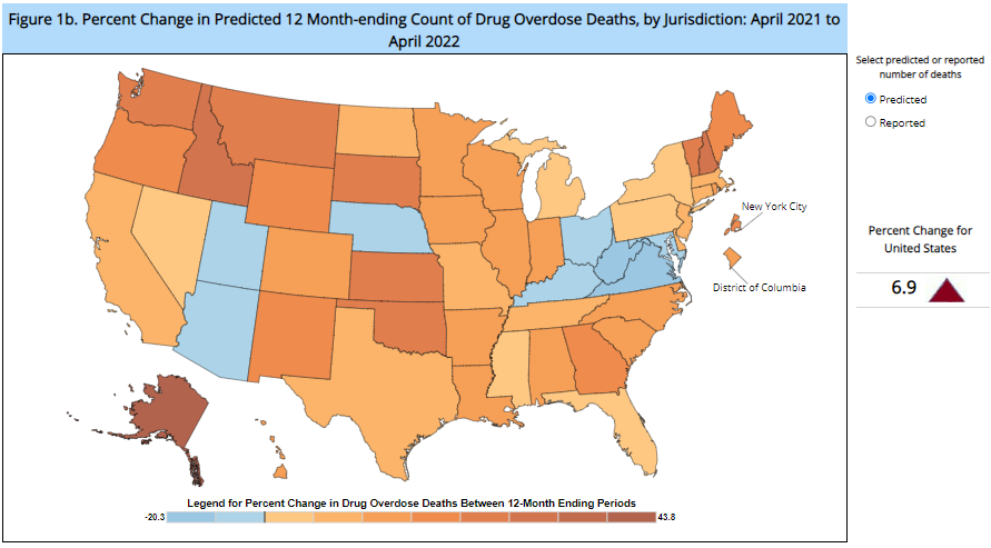 Map visualization showing number of drug overdose deaths occurring in the United States by state from April 2021 to April 2022.