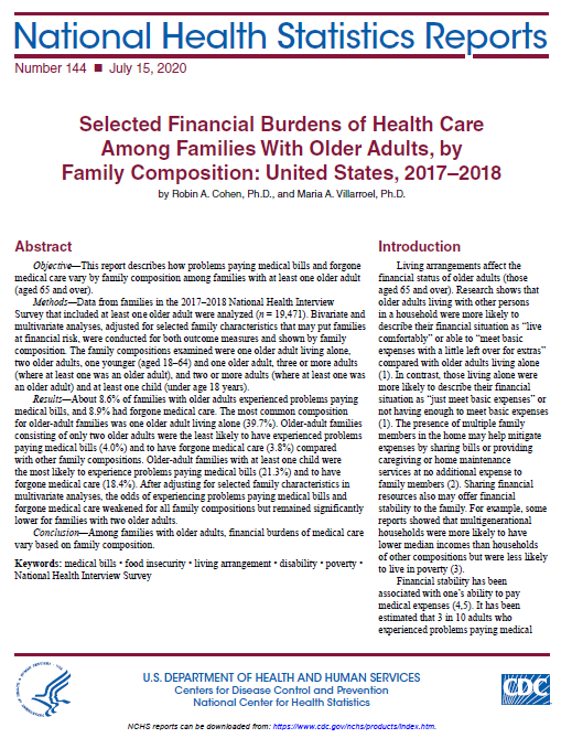 Screen shot of cover page of report: Selected Financial Burdens of Health Care Among Families With Older Adults, by Family Composition: United States, 2017–2018