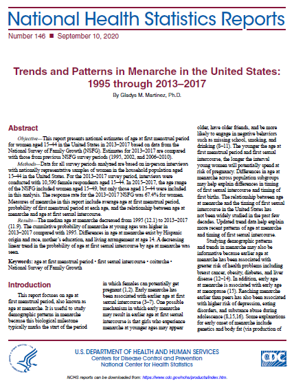 Cover page of the report: Trends and Patterns in Menarche in the United States: 1995 through 2013-2017