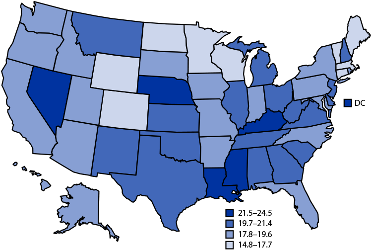 Map of US showing female breast cancer deaths in 2019