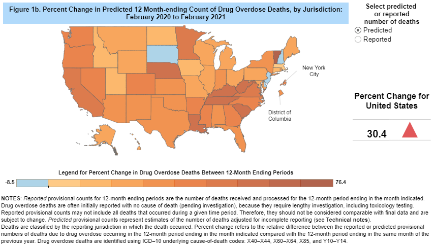 US map showing percent change in drug overdose deaths
