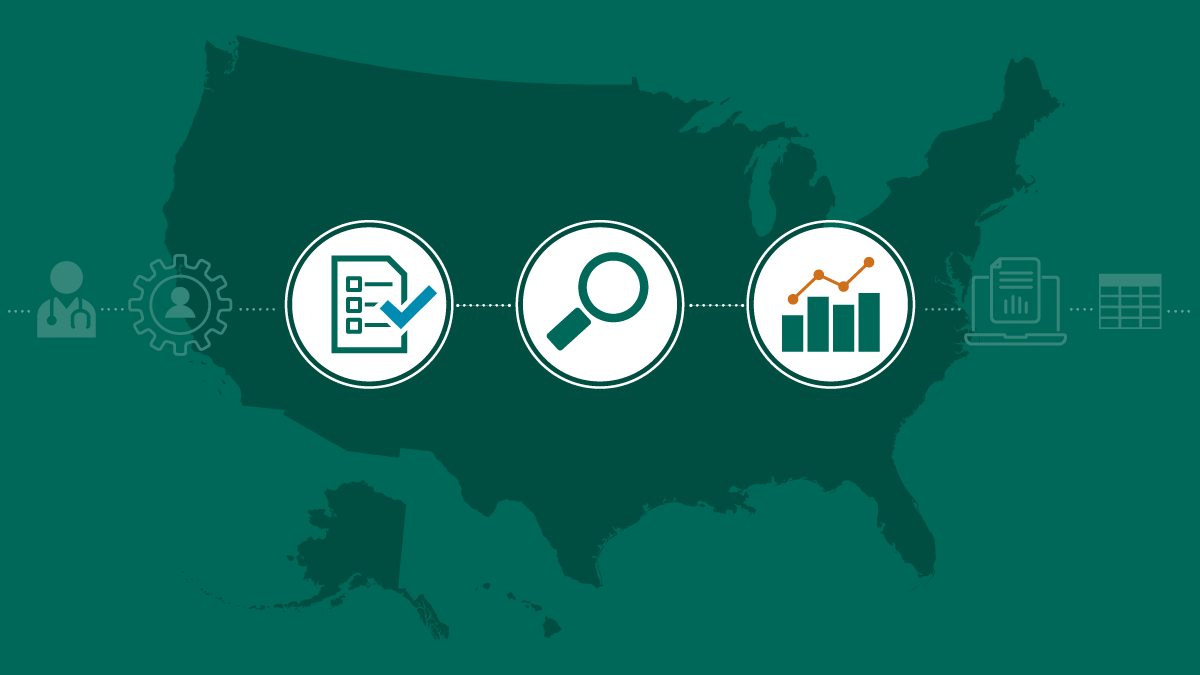 An image of a US map overlayed with general health and statistics related icons