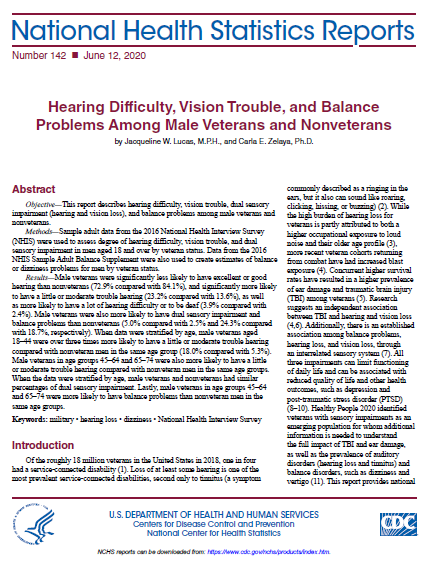 First page of report on Hearing Difficulty, Vision Trouble, and Balance Problems Among Male Veterans and Nonveterans
