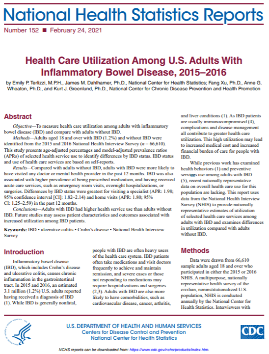 Cover of NHSR on Health Care Utilization Among U.S. Adults with Inflammatory Bowel Disease, 2015-2016