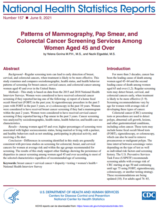 Cover of NHSR: Patterns of Mammography, Pap Smear, and Colorectal Cancer Screening Services Among Women Aged 45 and over