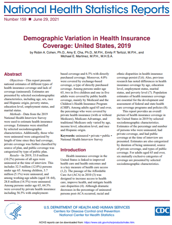Cover of National Health Statistics Reports: Demographic Variation in Health Insurance Coverage: United States, 2019