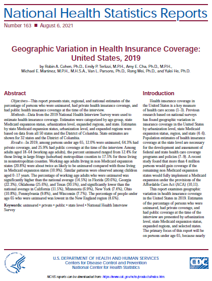 x Cover of National Health Statistics Report: Geographic Variation in Health Insurance Coverage in the United States, 2019