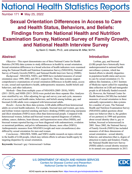 Cover sheet of National Health Statistics Report: Sexual Orientation Differences in Access to Care and Health Status, Behaviors, and Beliefs: Findings from the National Health and Nutrition Examination Survey, National Survey of Family Growth, and National Health Interview Survey.