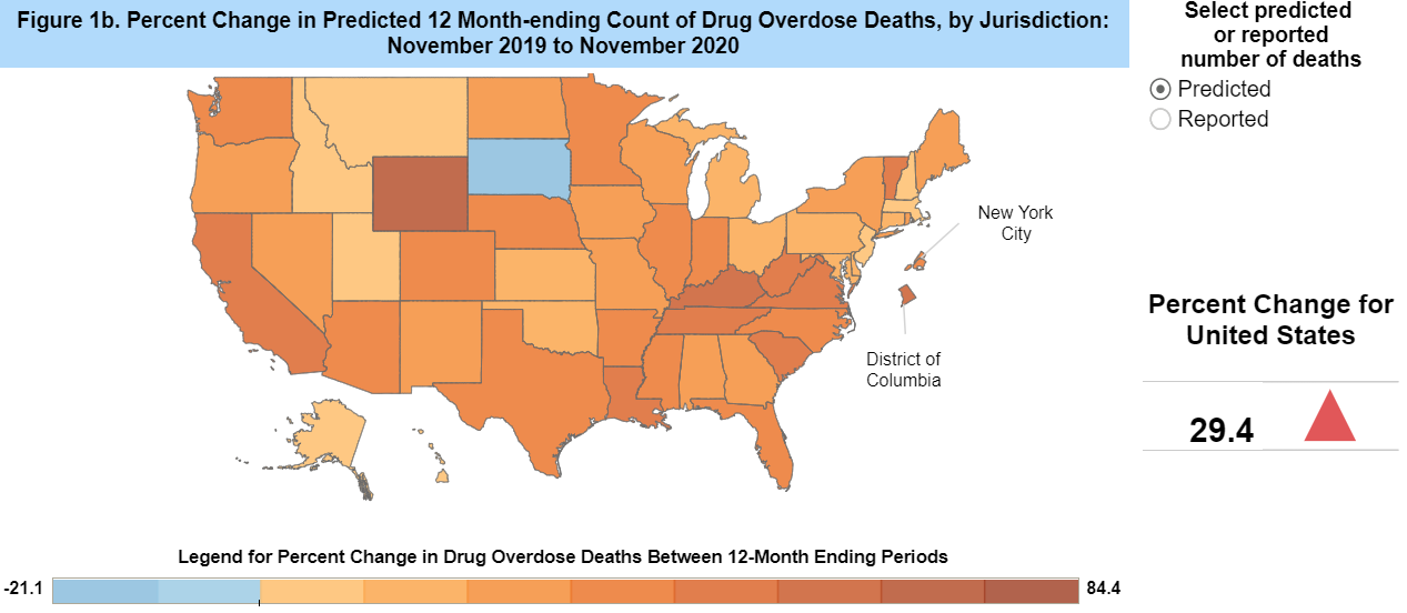 Map of the U.S. showing percent change in predicted overdose deaths