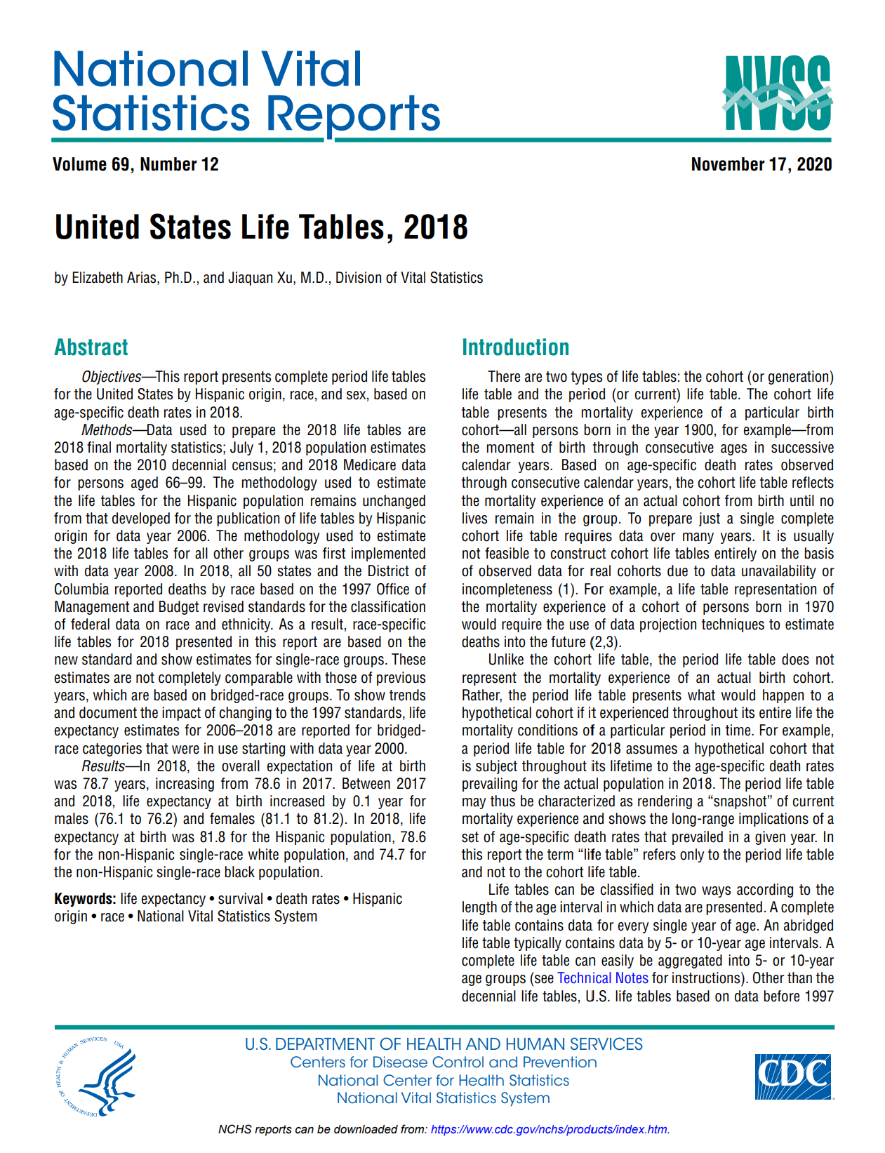 First page of report for NVSR - United States Life Tables, 2018