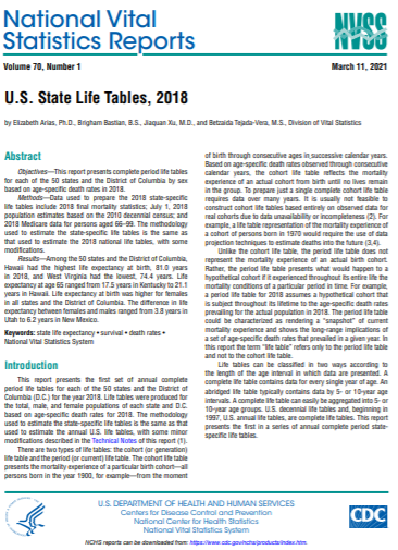 Cover of NVSR Report: U.S. State Life Tables, 2018