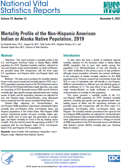 image of the National Vital Statistics Report: Mortality Profile of the Non-Hispanic American Indian or Alaska Native Population, 2019.