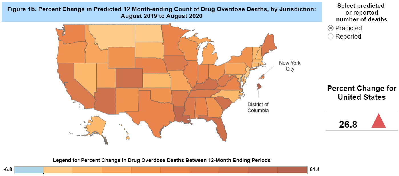 U.S. map showing drug overdose deaths for each state