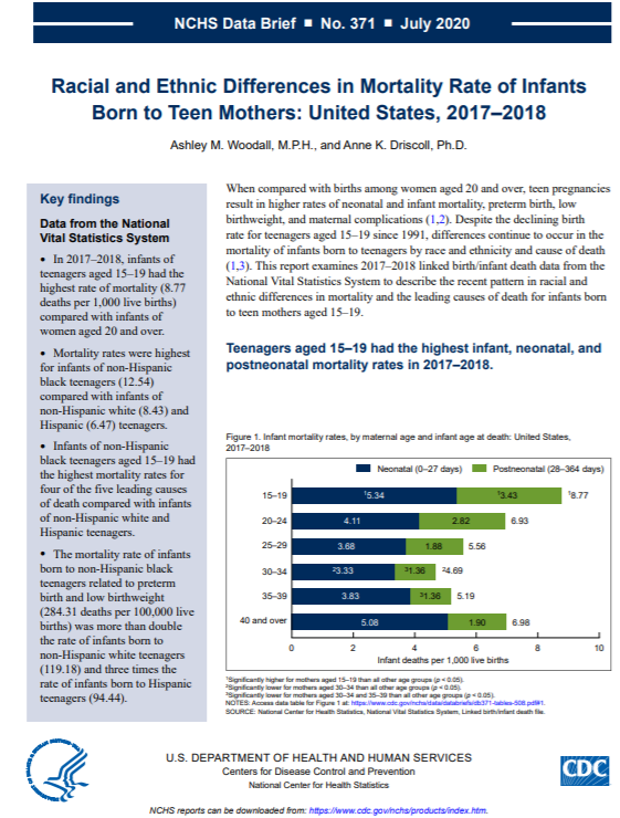 Screen shot of cover sheet data brief: Racial and Ethnic Differences in Mortality Rate of Infants Born to Teen Mothers: United States, 2017&ndash;2018