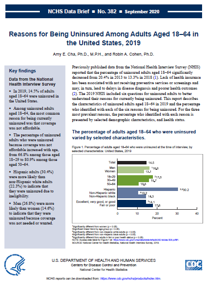 Report cover sheet: Reasons for Being Uninsured Among Adults Aged 18&ndash;64 in the United States, 2019