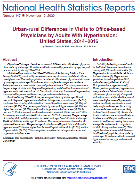 First page of report: Urban-rural Differences in Visits to Office-based Physicians by Adults with Hypertension: United States, 2014&ndash;2016