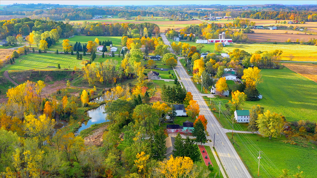 Arial shot of rural community with trees, houses spread apart and a road