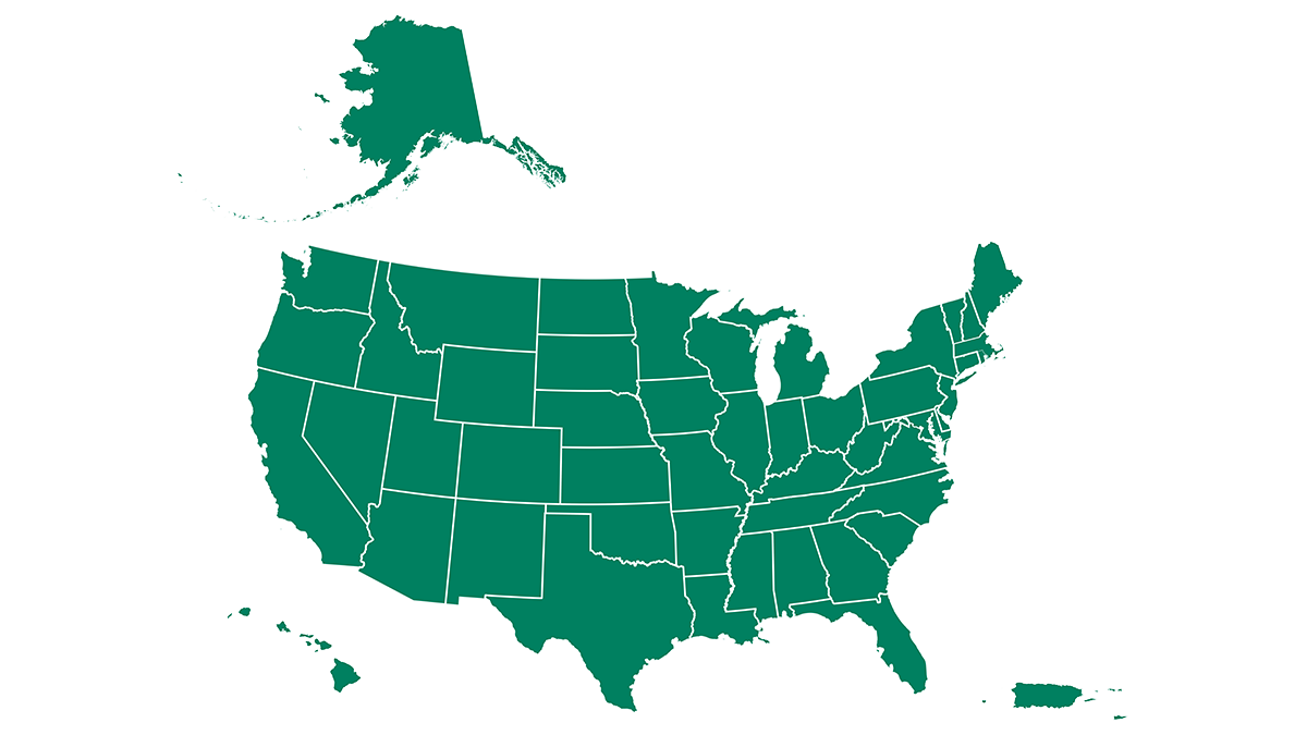 Green U.S. map shows outline of states and includes Puerto Rico and USVI