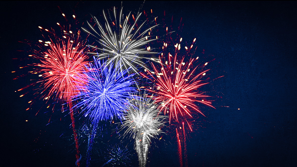 Red, white, and blue fireworks in the sky
