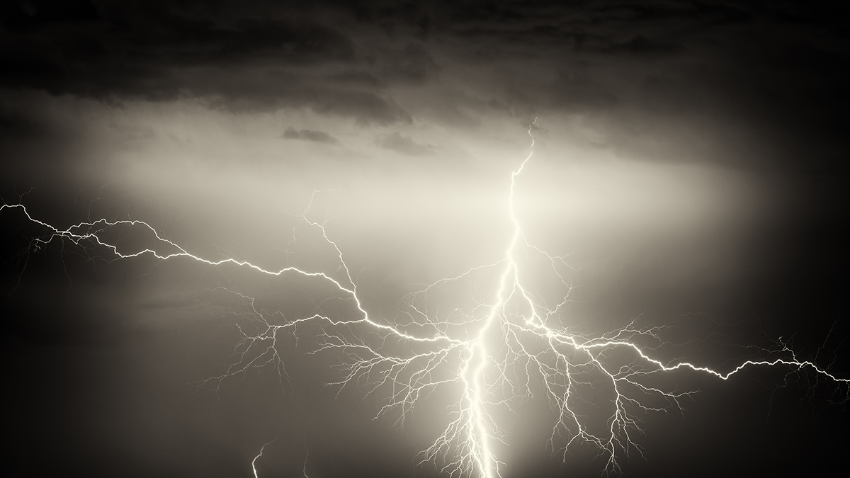 Black and white image of lightning in the sky