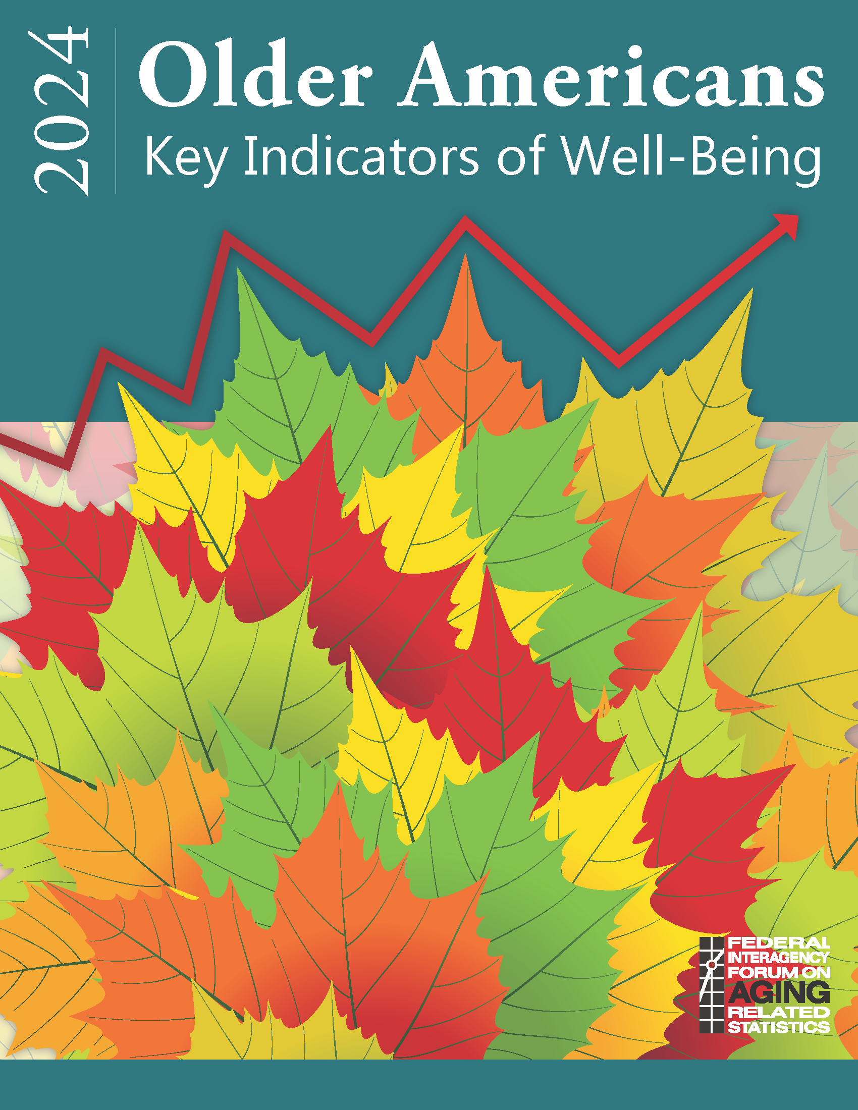 Cover of the 2020 Older Americans Chartbook featuring green, yellow, red, and orange leaves