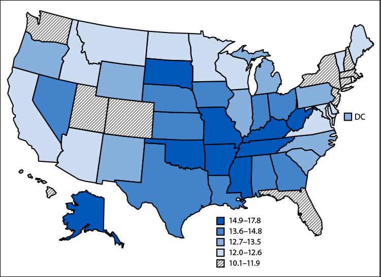 The figure is a map of the United States illustrating age-adjusted colorectal cancer death rates, by state, during 2024.