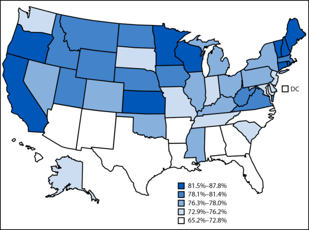 The figure is a map of the United States illustrating the percentage of births in the United States in 2024 in which women received prenatal care in the first trimester of pregnancy, by state