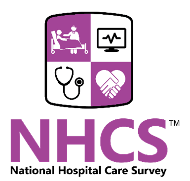 National Hospital Care  Survey logo features four health care-related icons in a shield. Shield and survey name in lilac