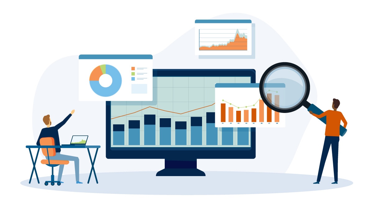 An illustration depicts two individuals analyzing data on graphs and charts displayed on a large computer monitor and surrounding screens.