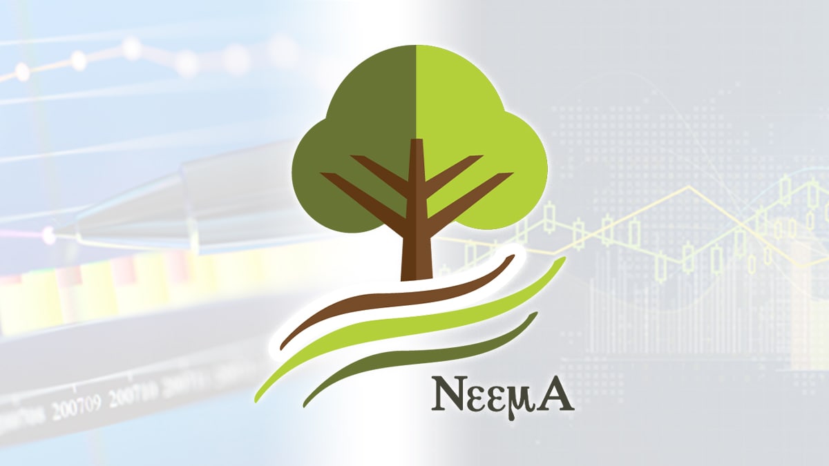 NEEMA logo of a tree against a background with generic data graphics depicting graphs and measurements.