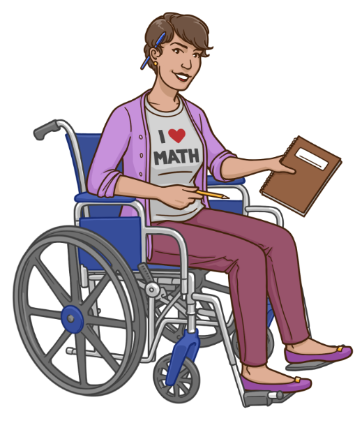 Woman biostatistician sitting a in wheel chair holding folder and pencil.