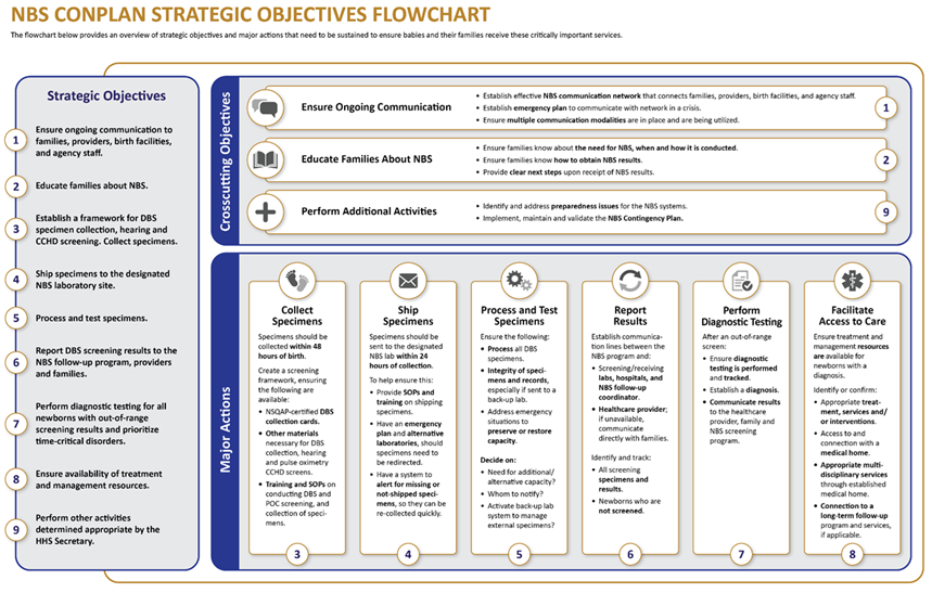 The flowchart provides an overview of strategic objectives and major actions that need to be sustained to ensure babies and their families receive critically important newborn screening services in the event of an emergency situation.