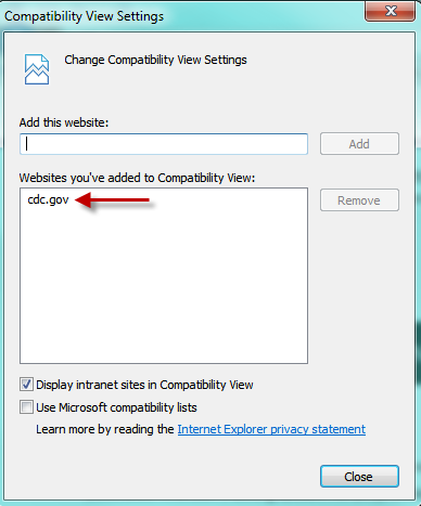 iecompatibilityview2.png Screenshot of adding cdc.gov as trusted site for Compatibility View Settings in Internet Explorer
