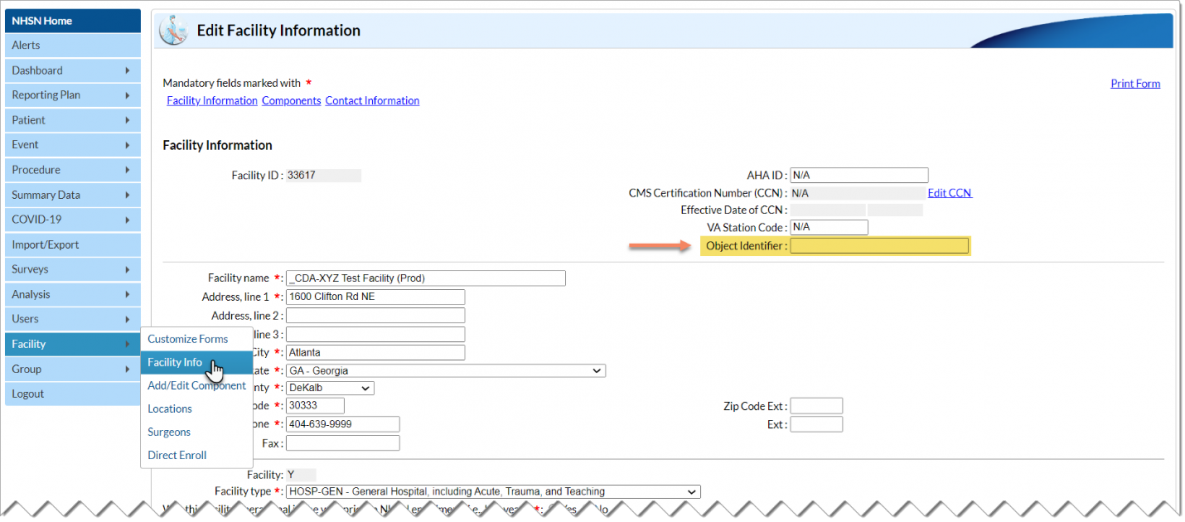 edit-facility Screenshot showing where to find the OID section on the Facility Information screen