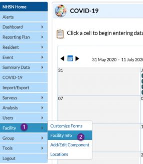 COVID-19 Module homepage COVID-19 Module homepage. Find Facility tab on the left navigation bar. Click facility info