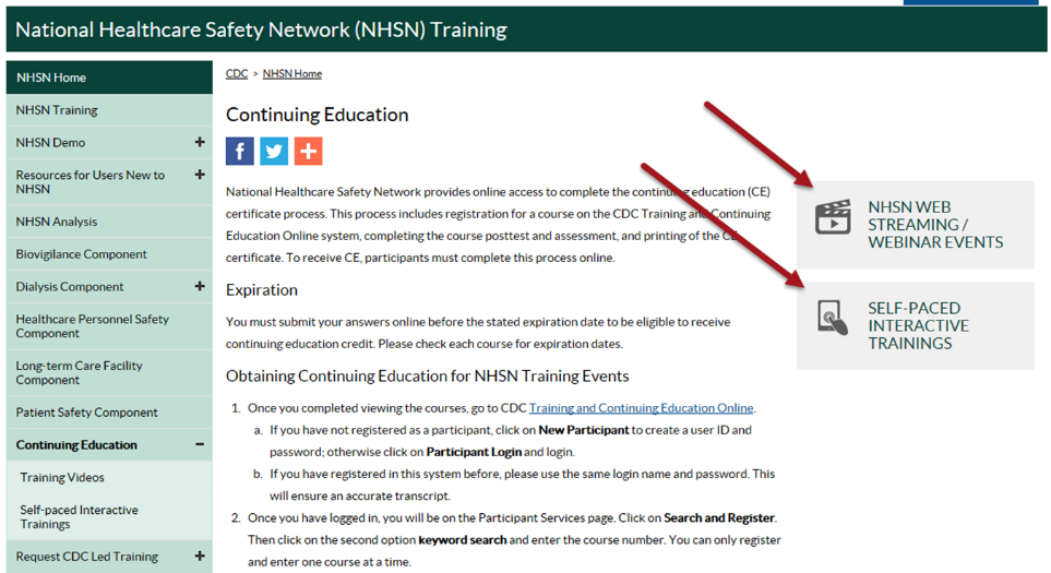 ltcf-nl-dec-6 NHSN continuing education webpage showing links to CE and all training activities
