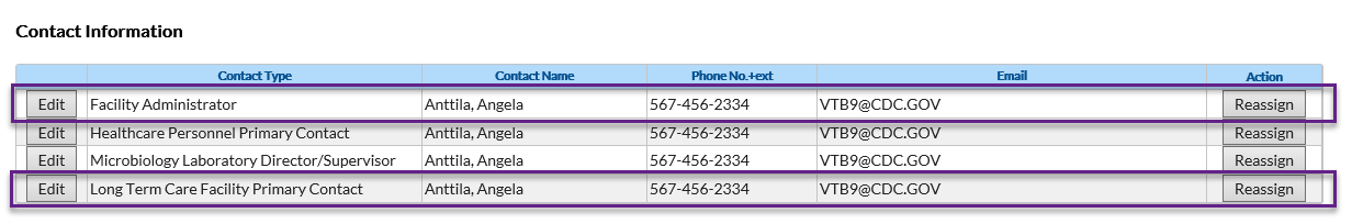 ltcf-nl-dec-9 NHSN application Edit Facility, contact information webpage