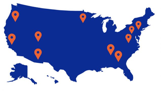 ltcseptmap Map of nursing home facilities in the United States with pins placed on California, Colorado, Connecticut, Georgia, Maryland, Minnesota, New York, Tennessee, and Oregon.