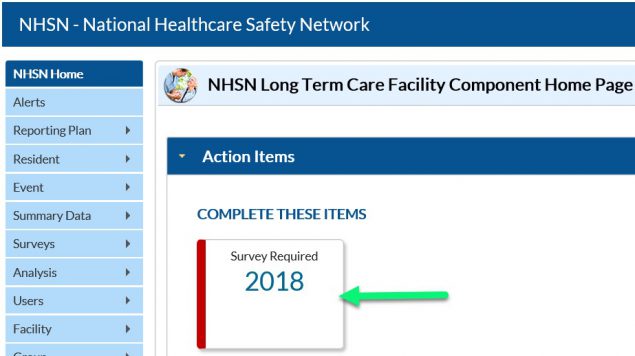 mar19-ltc3 NHSN long-term care facility component home page with action items highlighted