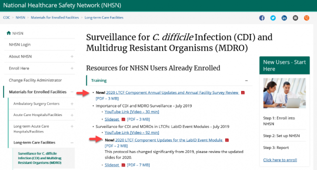 CDI %26 MDRO page NHSN LTCF component page, surveillance for CDI and MDRO module page highlighting two new documents.