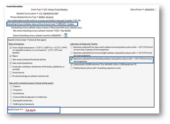 sep18-ltc-8 example of CA-SUTI Event Information report with a check mark on the option "Specimen collected from indwelling catheter and positive culture with >=10^5 CFU/ml of any microorganisms"