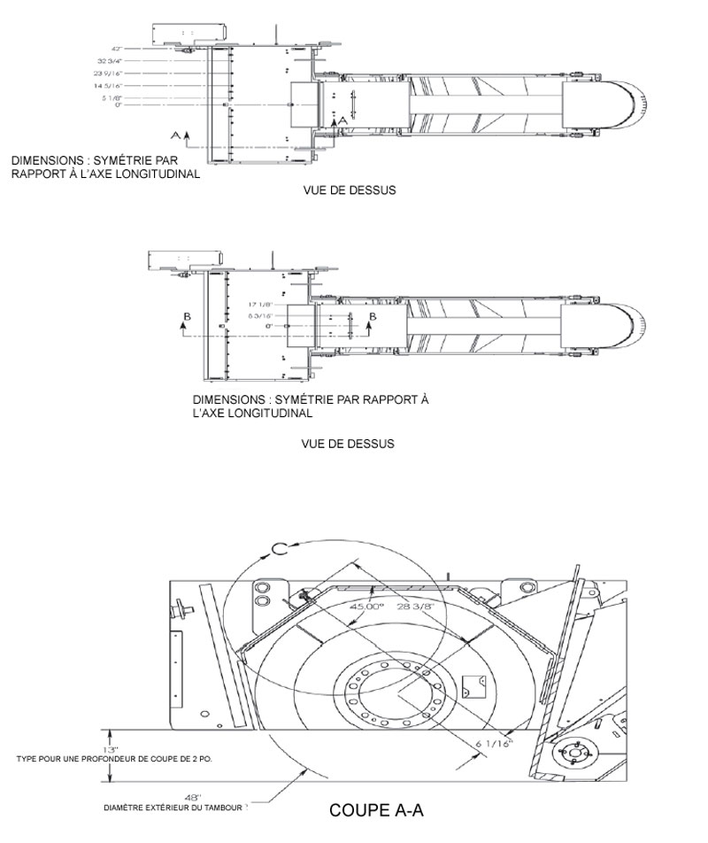 2015-105fig6.jpg Détail en coupe, vue latérale : carter du tambour de fraisage (avec les dimensions) et buses de pulvérisation orientées à 45 degrés par rapport à l’axe médian du tambour de fraisage