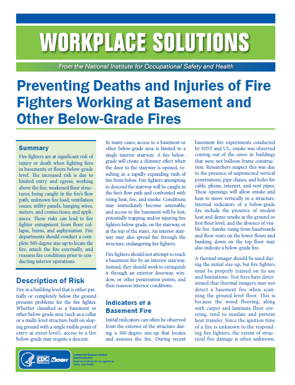Workplace Solutions: Preventing Deaths and Injuries of Fire Fighters Working at Basement and Other Below-Grade Fires