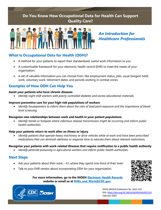 2022-119 Publication 2022-119, This fact sheet is an introduction to occupational data for health for healthcare professionals.