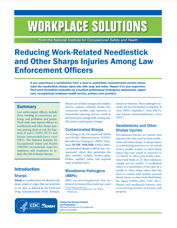 2022-154 Publication 2022-154, Reducing Work-Related Needlestick and Other Sharps Injuries Among Law Enforcement Officers