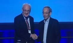 Dr. Turkevich being congratulated by Dr. Steven Chu (president, AAAS).