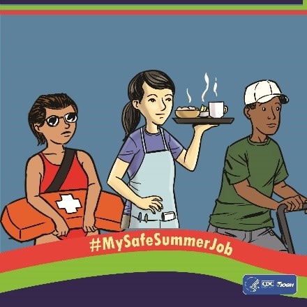 Illustration of three youth workers. A female lifeguard, a female server, and a male light industry worker. Hashtag MySafeSummerJob